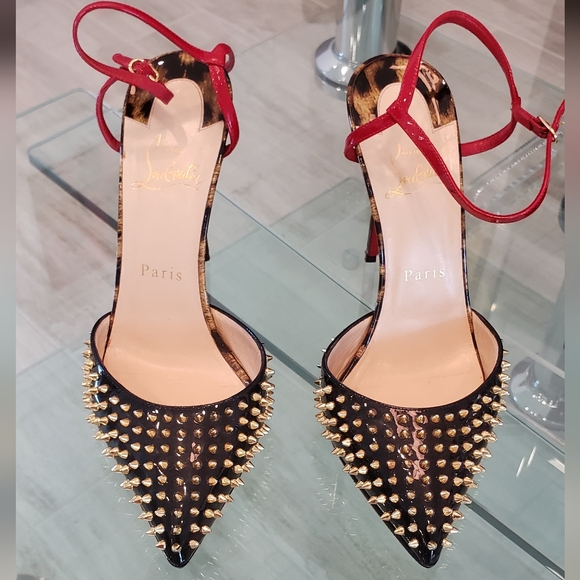 EUC-Christian Louboutin gold spike leopard patent leather open back, strap pumps - Picture 2 of 9
